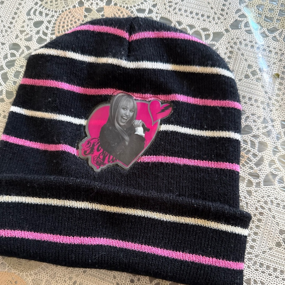 Hannah Montana Black Knit Beanie with Pink & White Stripes and Heart Patch